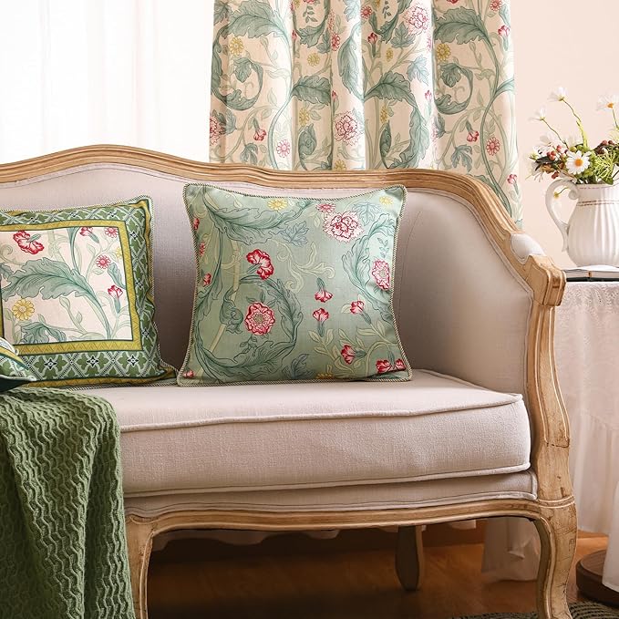 patdrea Designer Square Throw Pillow Covers,Farmhouse Linen with Green Floral Pattern Pillows Cover,Decorative Pillowcases Cushion for Bed Living Room Outdoor Car,18"x18"