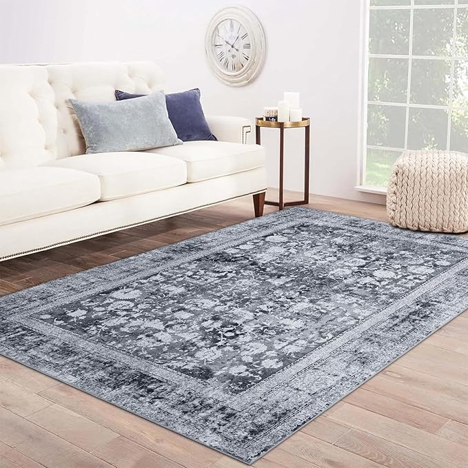 Area Rug 9×12, Large Vintage Boho Rug,Ultra-Soft Low Pile, Washable, Non Slip,Stain Resistant, Printed Carpet for Living Room Bedrooms Playroom Office Kitchen, Stone/Grey