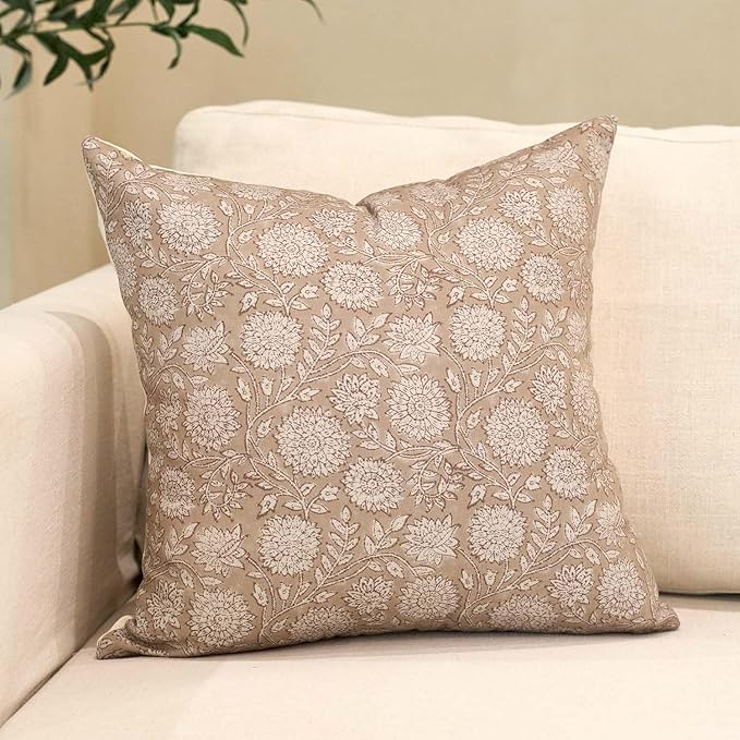 Amor Virisso Floral Pillow Covers 20x20 Throw Pillow Covers Vintage Block Print Pillow Cover Neutral Couch Pillows for Living Room Farmhouse Decorative Accent Sofa Pillows, Light Camel