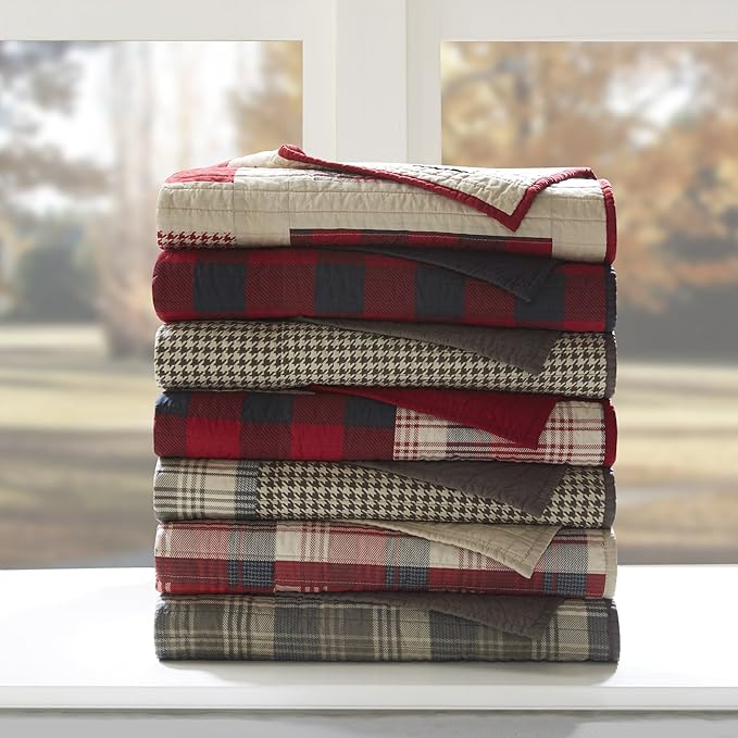 Woolrich Luxury Quilted Throw - Cabin Lifestyle, Patchwork with Moose Design All Season, Lightweight and Breathable Cozy Bedding Layer Throws for Couch Sofa, 50" W x 70" L, Tasha Red