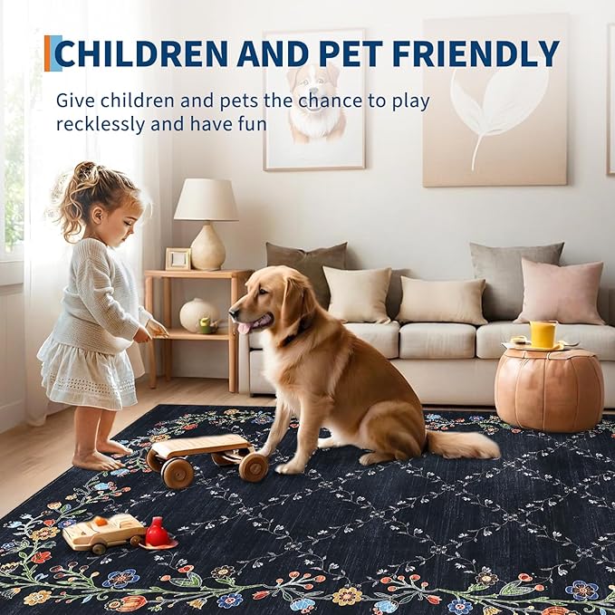 GarveeHome 9x12 Washable Floral Area Rugs for Living Room: Modern Floral Non Slip Large Area Rugs for Bedroom, Large Machine Washable Living Room Low Pile Carpet with Non-Slip Backing Black 9'x12'.