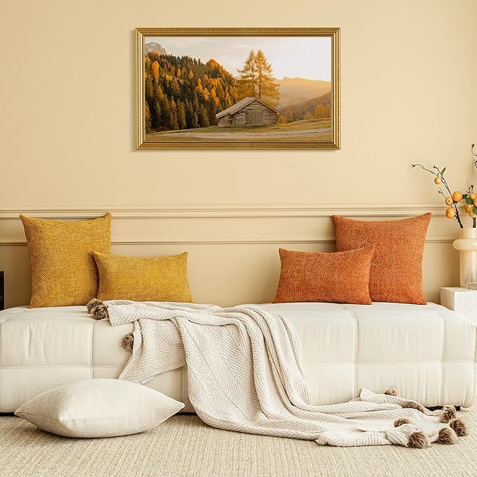 a moment Fall Orange Chenille Throw Pillow Covers 16x16 Inch Pack of 2 Modern Decorative Throw Pillow Covers Farmhouse Cross Covers Home Decor for Sofa Bedroom Living Room