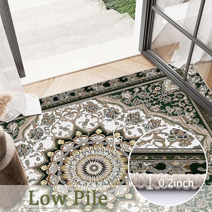 8x10 Traditional Oriental Area Rug White Dark Green Rug Non Slip Low Pile Large Carpet for Home Kitchen Living Room Bedroom Dining Room Office