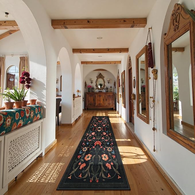 LIVEBOX Black Runners for Hallway - Boho Floral 2'6"x10 Washable Runner Rug, Non-Slip Kitchen Runner Rug, Soft Low-Pile Non-Shedding Carpet Runners for Hallway Entryway Bedroom Bathroom Farmhouse
