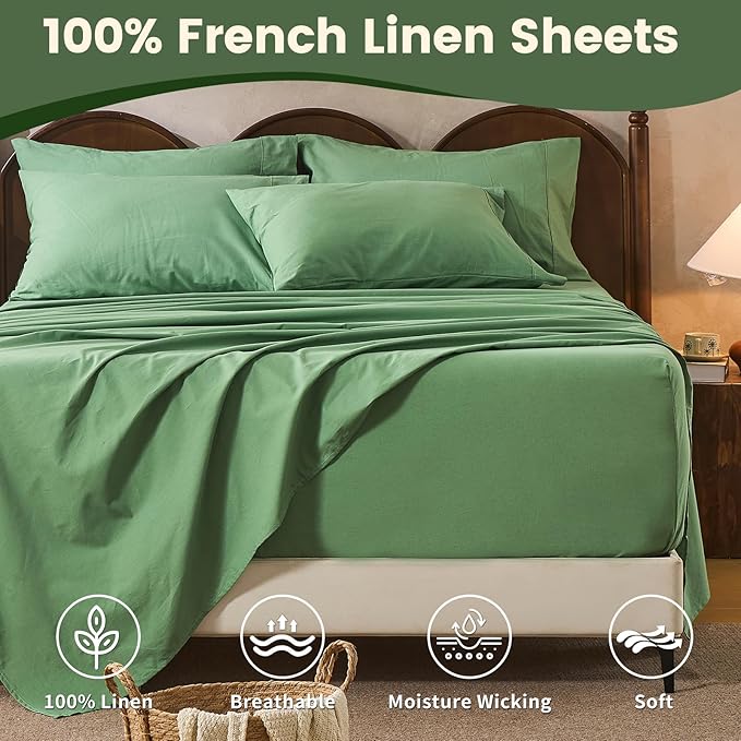 100% Linen Sheet Set King Size Extra Deep Pocket Fits 18-24 Inch Mattress, Breathable & Soft, Smooth 4-Piece Set for Thick Mattresses Hotel Luxury Bedding（King, Sage Green）