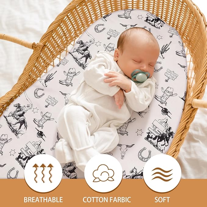 VitalCozy 4 Pcs Vintage Western Cowboy Bassinet Sheets Set 32 x 16 x 3 Inches Sheets for Standard Bed Toddler Mattresses Soft Breathable Cute Print Newborn Bedding for Girl Boys