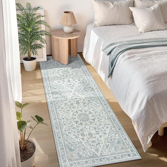 Moynesa Vintage Washable Blue 2x6 Hallway Runner Rug, Neutral Distressed Oriental Runner for Entryway Kitchen Bathroom Bedroom, Low Pile Soft Non-Slip Carpets for Nursery Laundry