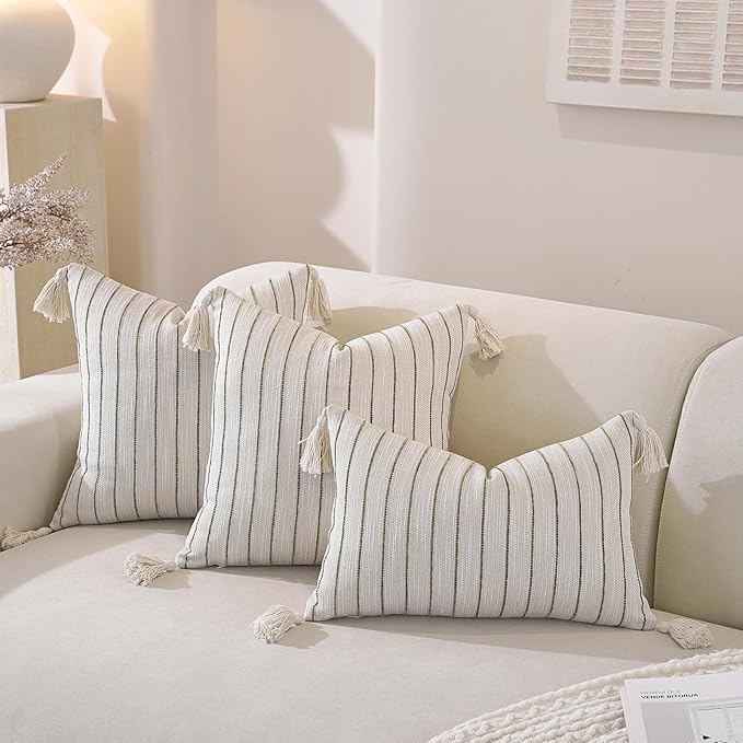 Boho Throw Pillow Covers 18x18 Inch Set of 2, Textured Linen Striped Square Pillow Covers with Tassels, Soft & Cozy Farmhouse Décor Pillow Cases for Sofa Couch Bed Living Room, Green