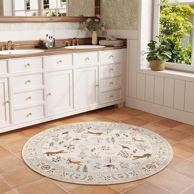 Rugcomf Round Rug 6ft Washable Circle Rug Non Slip Low Pile Boho Floral Animal Small Circular Rug for Bedroom, Bathroom, Entryway, Kids Room, Office, College Dorm (Beige)