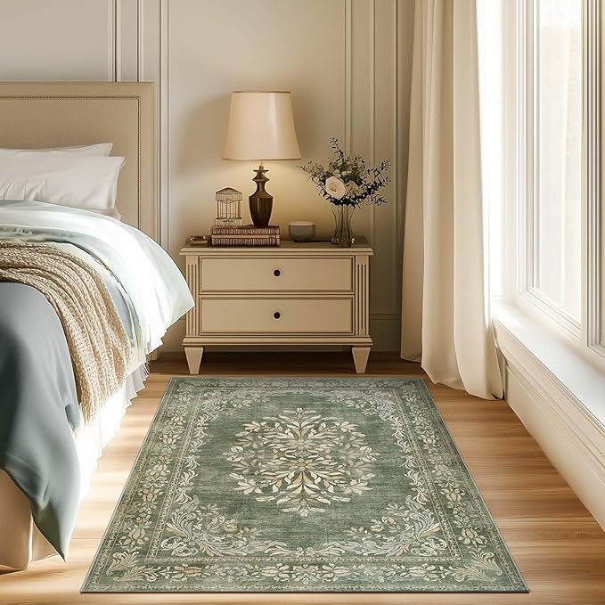 jinchan Green Floral 3x5 Area Rugs for Entryway - Machine Washable Vintage Distressed Design Low-Pile Soft Non-Shedding Christmas Carpet for Kitchen Bedroom Laundry Living Room (3x5ft, Dark Green)