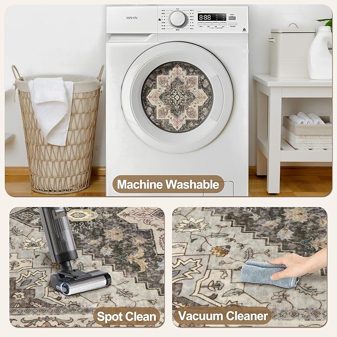 Tangsoo 2x3 Washable Rugs for Entryway, Vintage Non Slip Small Area Rug, Indoor Front Door Rug, Door Mat Small Carpet, Soft Low Pile Entry Rug for Entrance Kitchen Bedroom Print Distressed Grey/Multi