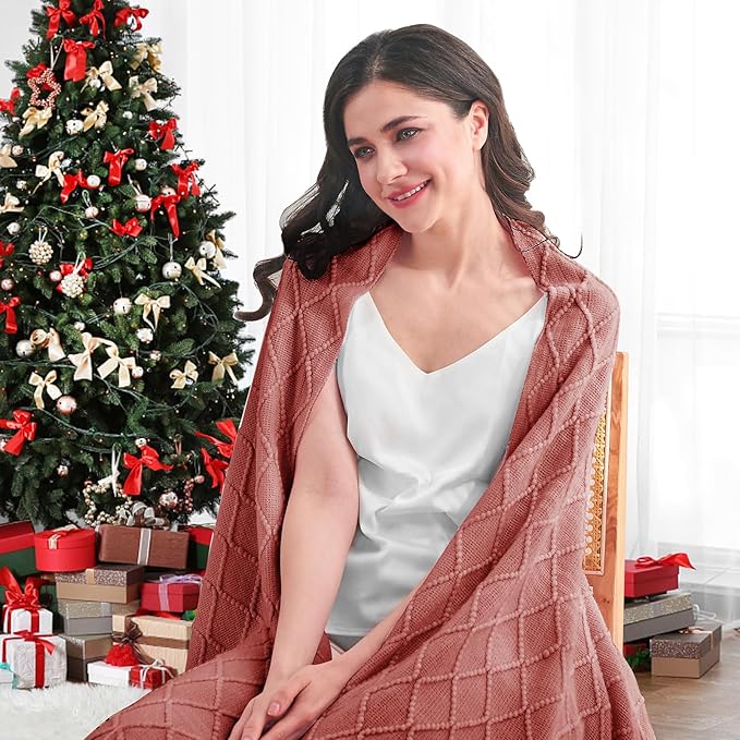 inhand ChristmasThrow Blankets for Couch, Gifts for Women Cozy Home Decor Knit Blanket, Coral Pink Lightweight Decorative Blankets and Throws, Farmhouse Warm Woven Blanket for Men and Women, 60"x80"