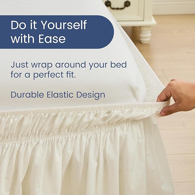 BISELINA Wrap Around Bed Skirts 17" Drop, Cotton Adjustable Elastic Dust Ruffles Easy Fit Wrinkle & Fade Resistant Soft Cozy Elegant Luxurious Bedding - White, Queen Size