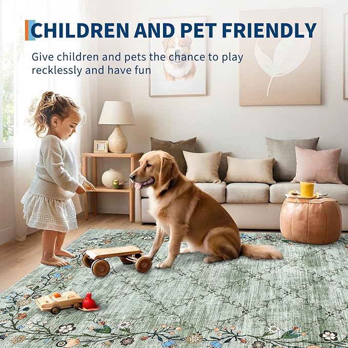 GarveeHome 8x10 Washable Floral Area Rugs for Living Room: Modern Floral Non Slip Large Area Rugs for Bedroom, Large Machine Washable Living Room Low Pile Carpet with Non-Slip Backing Green 8'x10'.