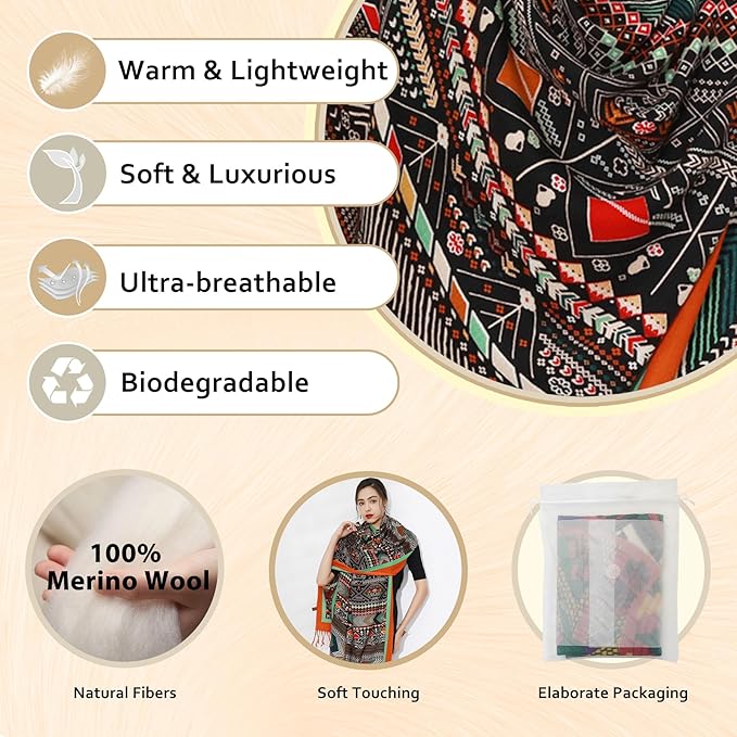 DANA XU 100% Merino Wool Pashmina Shawl for Women 96"x43", Oversized Cashmere Wrap with Tassels, Floral Travel Blanket Cape