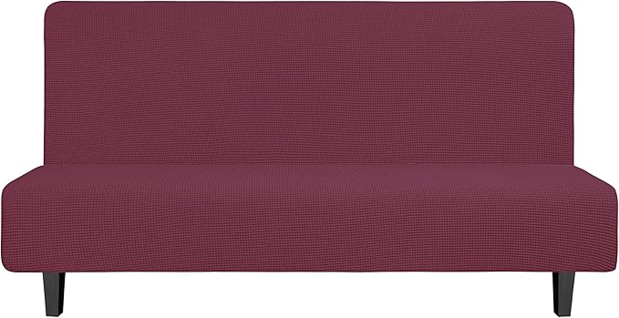 Easy-Going Stretch Futon Slipcover Armless Futon Bed Cover Furniture Protector Without Armrests with Elastic Bottom for Kids, Soft Jacquard Fabric Small Checks (Large, ASH Rose)