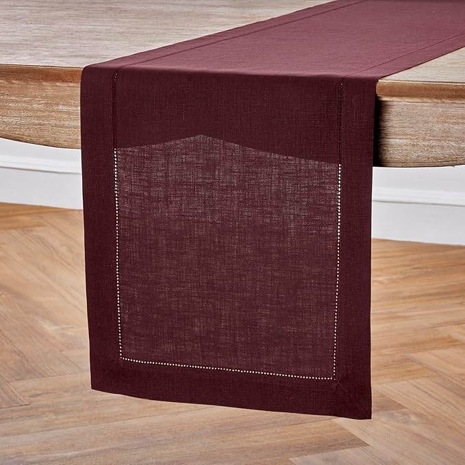Solino Home Linen Table Runner 60 Inches - 100% Pure Linen Burgundy Hemstitch Table Runner 14 x 60 Inch Ideal for Dresser and Coffee Tables - Christmas, New Year, Winter - Classic Hemstitch