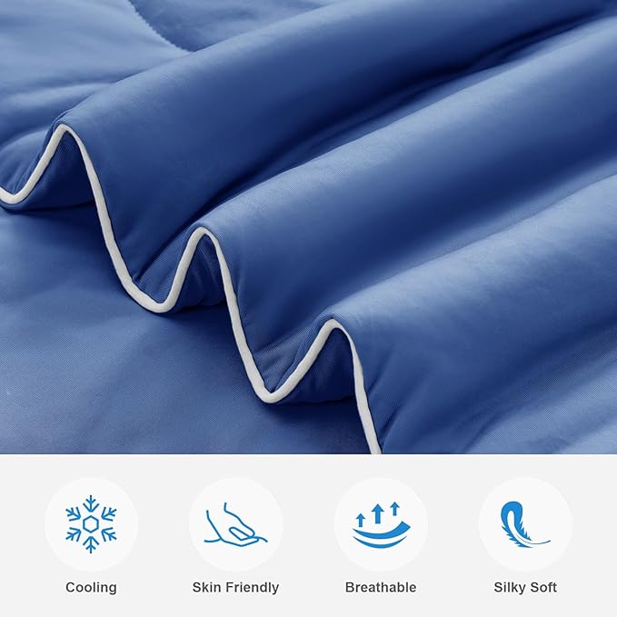 EASELAND Cooling Comforter Queen, Cold Touch Fabric Absorbs Body Heat, Double-Sided Cool Design Soft Fluffy Cooling Blanket for Night Sweats Hot Sleeper(Navy Blue, Queen(90"x90"))