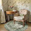 jinchan Round Rug 4ft Area Rug - Green Vintage Floor Mat Kitchen Indoor - Washable Circle 4' Thin Floral Print Christmas Carpet Retro Farmhouse Non Slip Dining Room Living Room Bedroom Office