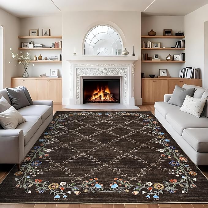 Garveehome 4x6 Washable Floral Area Rugs for Living Room: Modern Floral Non Slip Large Area Rugs for Bedroom, Large Machine Washable Living Room Low Pile Carpet with Non-Slip Backing Brown 4 ft x6 ft.