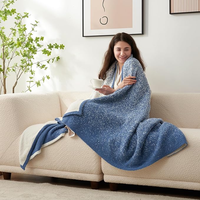 Snuggle Sac Blue Blanket Twin Size for Bed and Sofa, Reversible Super Soft Blankets Warm Cozy Knit Blankets Fuzzy Plush Lightweight for Couch, Picnic, Ombre Blue, 60x80 inches