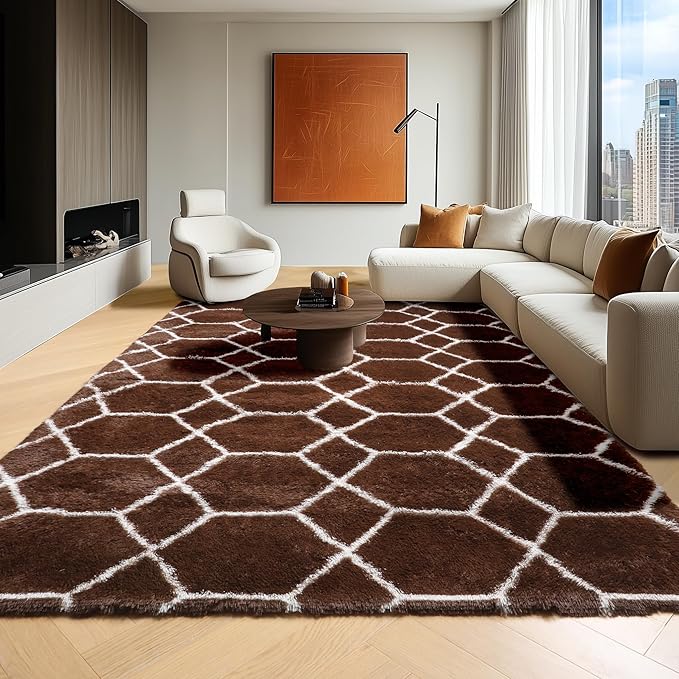 ONASAR 6x9 Area Rugs for Living Room Bedroom, Washable Large Fluffy Brown and White Throw Rug, Geometric Soft Plush Shaggy Fuzzy Floor Carpet for Nursery Kids Girls Boys Teen Dorm Home Office Decor