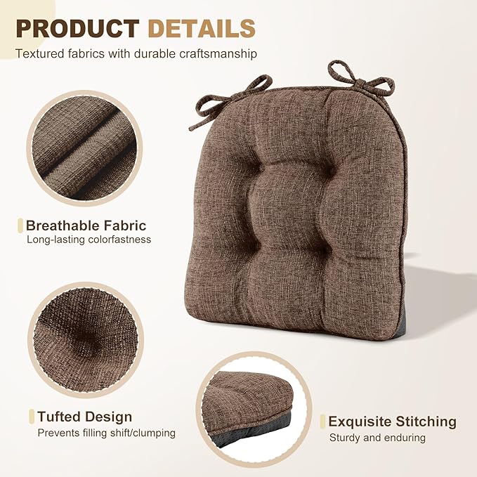 downluxe Indoor Chair Cushions for Dining Chairs, Tufted Overstuffed Textured Foam Kitchen Chair Pads with Ties and Non-Slip Backing, 15.5" x 15.5" x 4", Brown, 6 Pack
