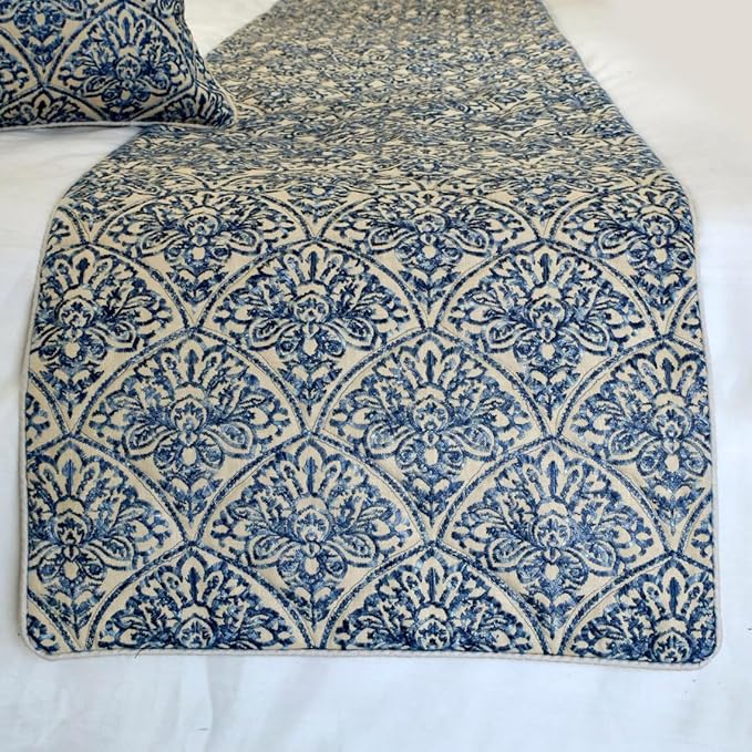 The HomeCentric King/Queen/Twin Blue Designer Queen 74"x18" Bed Runner with 2 Pillow Cover, Embroidery, Quilted Bed Scarf on Cotton Fabric - Farzeen Blue