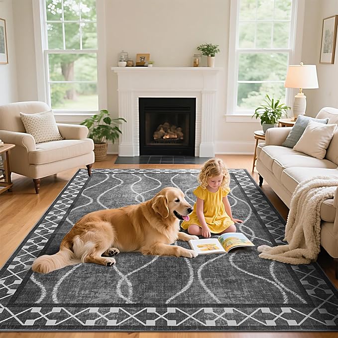 5x7 Area Rugs for Living Room, Machine Washable Rugs, Non-Slip Low Pile Indoor Floor Rugs, Large Modern Carpet for Bedroom Entryway Classroom Playroom Dining Room Home Decor, Dark Grey