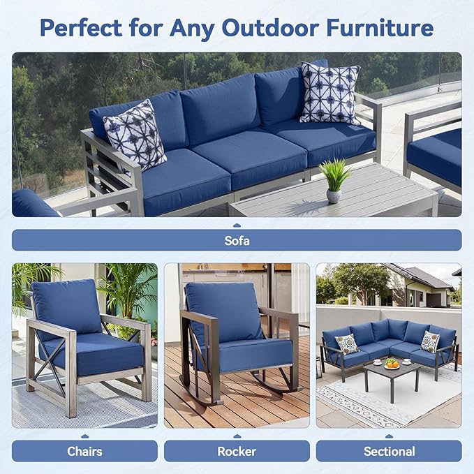 Luxury 6" Outdoor Cushions for Patio Furniture, 24x24x6" Thick Seat Cushion Set of 8, Fade Resistant Couch Chair Replacement Cushions High Density Deep Wicker Chair Cushion w/ Removable Cover, Blue