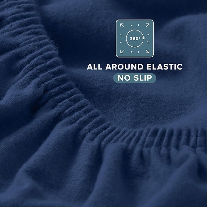 Bare Home Flannel Fitted Bottom Sheet 100% Cotton, Velvety Soft Heavyweight - Double Brushed Flannel - Deep Pocket (Queen, Dark Blue)