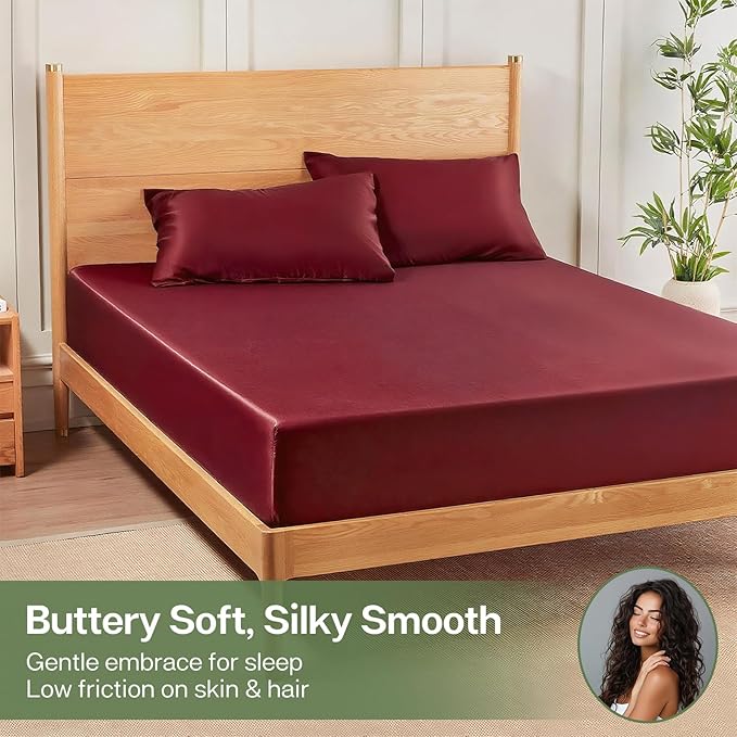 MR&HM King Fitted Sheet Only, Ultra-Soft Rayon Derived from Bamboo & Polyester Blend, Silky & Breathable, 15" Deep Pocket with Elastic Straps, Cooling Fitted Sheet for Hot Sleepers, Burgundy