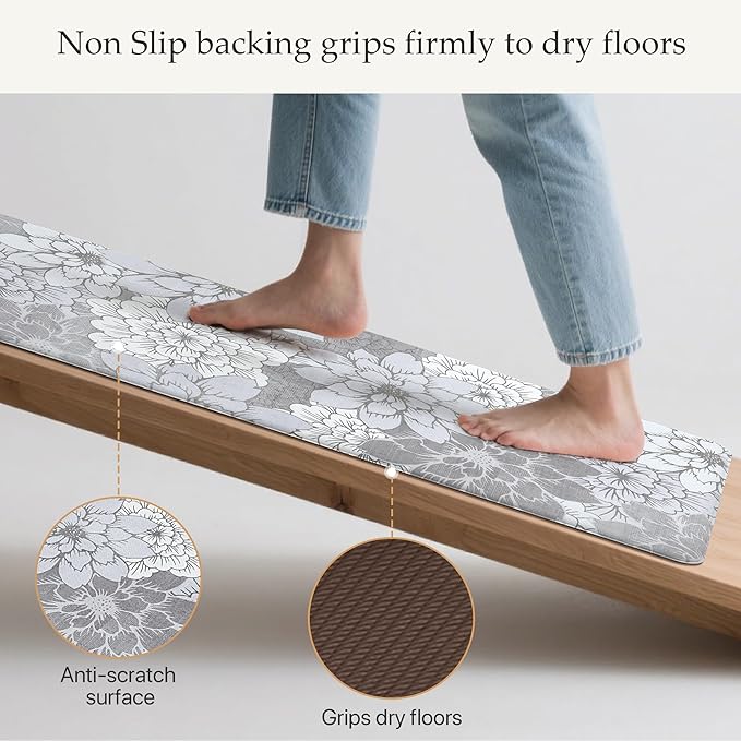 GENIMO Kitchen Mats for Floor, Kitchen Rugs Non Slip Washable Sets of 2, Waterproof Cushioned Anti Fatigue Mat, Floral Runner Rug for Laundry, Sink, Office, Home, 17.3"x47"+17.3"x30", Lavender Grey