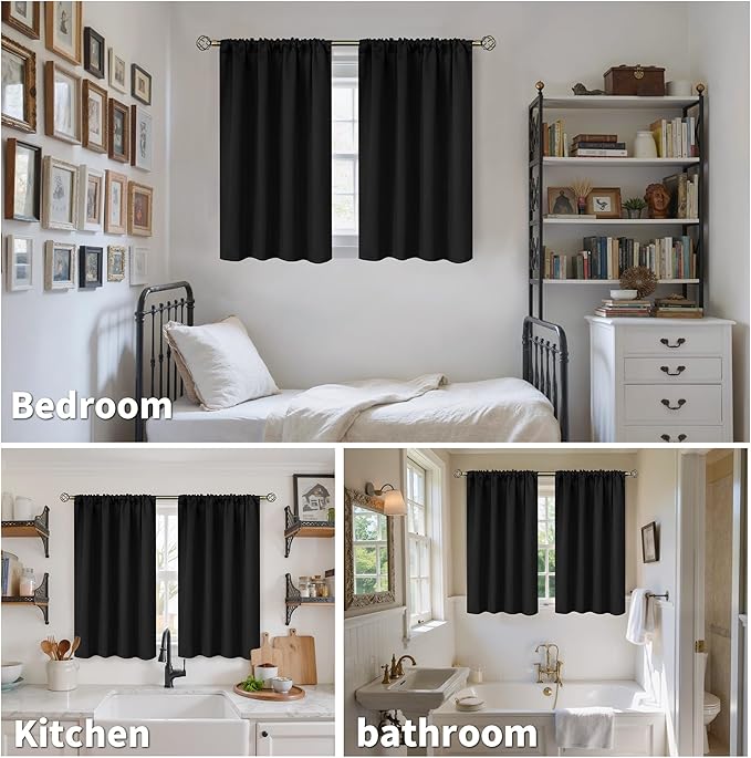 BGment Short Blackout Curtains for Kitchen Window - Black Room Darkening Drapes with Rod Pocket Thermal Insulated Privacy Blinds for Bathroom Cafe Windows, 2 Panels, 34 X 45 Inch