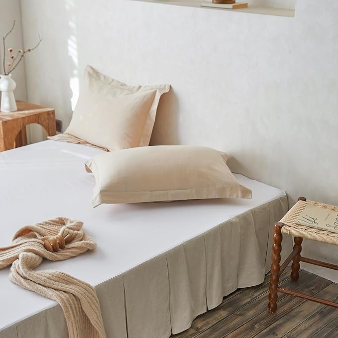 BISELINA French Linen Pleated Bed Skirt, 18" Tailored Draped Natural Linen-Cotton Blend Basic Dust Border Soft Comfort Farmhouse Bedding (18" King, Linen)