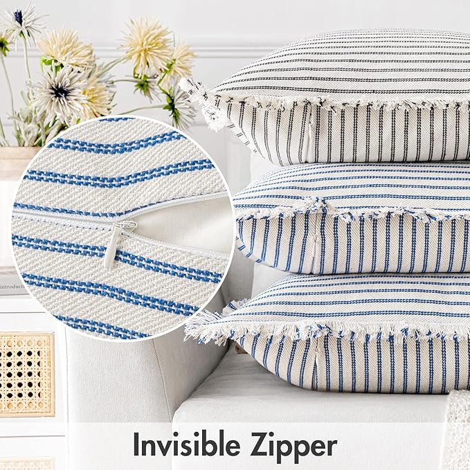 MIULEE Pack of 2 Royal Blue Pillow Covers 24x24 Inch Striped Farmhouse Couch Throw Pillow Covers with Fringe Chic Linen Decorative Cushion Eruo Sham for Sofa Living Room Bed Outdoor Home Decor