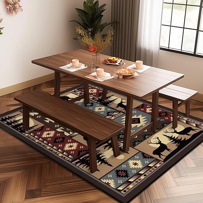 Rustic Rug for Living Room,Cabin Wildlife Area Rug 5x7,Buffalo Plaid Bear Moose Deer Country,Washable Throw Carpet Vintage Carpets Runner Indoor Non Slip Accent Floor Mats for Bedroom,Kids Playroom
