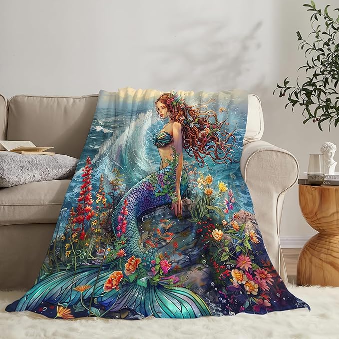 Mermaid Throw Blanket - Ocean Blanket for Girls, Women, Boys & Men - Soft, Warm & Cozy Fleece - 80"x60"
