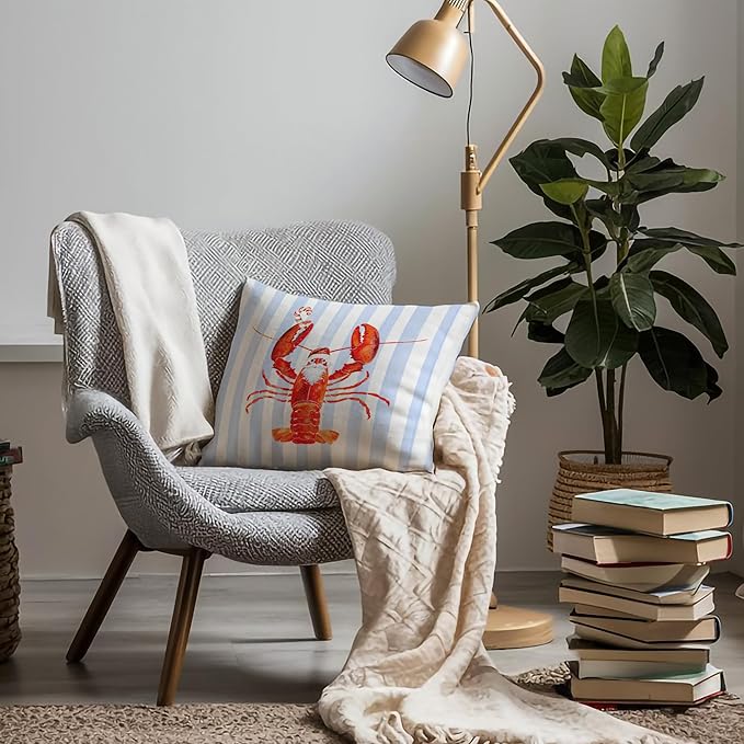 Coastal Christmas Lobster Pillow Covers 18x18, Christmas Lobster Decor, Xmas Santa Crawfish Beach Blue Striped Throw Pillow Covers for Home Bedroom Living Room Sofa Couch