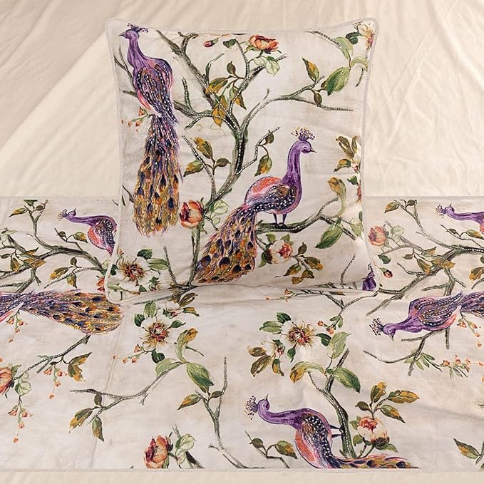 The HomeCentric King Queen Twin Ivory & Multicolor Decorative CA King 86"x18" Bed Runner with Pillow Cover, Peacock Bed Scarf on Cotton Printed with Beads Fabric - Peacock Queen