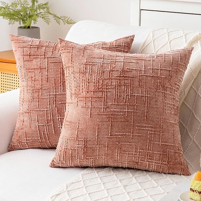Decorative Throw Pillow Covers 18x18 Inch Set of 4, Soft Solid Farmhouse Chenille Couch Pillows, Spring Pillow Covers for Couch Sofa Bed Living Room Home Decor Pillowcase, Coral
