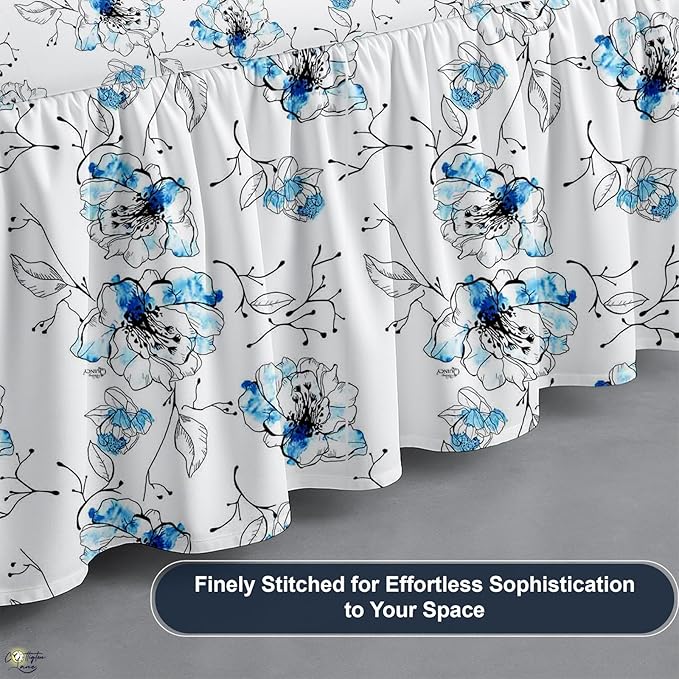 Cottington Lane Ruffled Bed Skirt Twin Size with Split Corner, Brushed Microfiber Hotel Quality Dust Ruffle, 12 Inch Drop Gathered Bedskirt, Soft, Stylish, Shrink & Fade Resistant, Blue Blossom