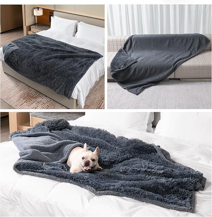 Waterproof Dog Calming Blanket Gray Pet Throw Blankets for Dogs Cats Fluffy Long Faux Fur Puppy Couch Cover Reversible Love Bed Mat Washable(Gray,S-40x28in)