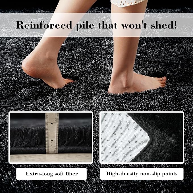 Fluffy Rug Shaggy Area Rug, Black 4x6 Area Rugs for Bedroom, Small Bedside Rug, Soft Fluffy Shaggy Entryway Throw Rugs for Living Room Bedroom Kids Room Home Decor