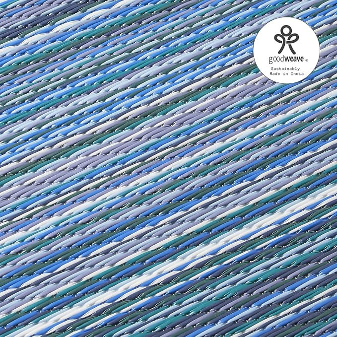 Fab Habitat Striped Outdoor Rug - Waterproof, Fade Resistant, Crease-Free, Reversible - Premium Recycled Plastic - Patio Porch Balcony Deck - Cancun Indigo - 8x10 ft