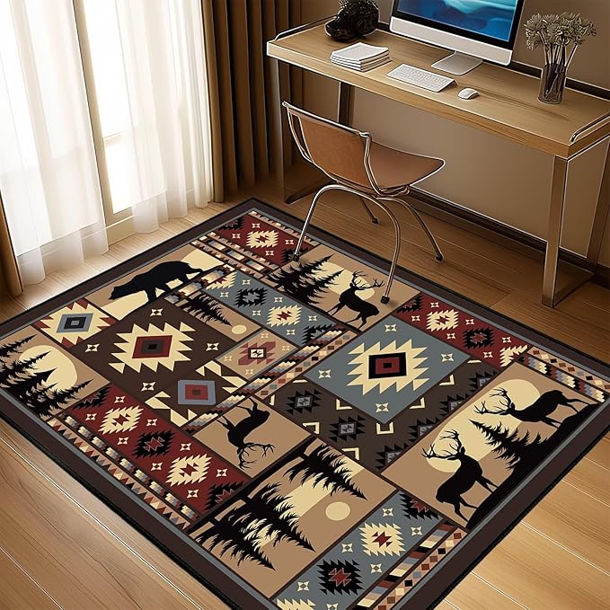 Rustic Rug for Bedroom,Cabin Wildlife Area Rug 4x6 Carpets Runner for Living Room,Buffalo Plaid Bear Moose Deer Country,Washable Throw Rugs Indoor Doormat Non Slip Floor Mats for Dining Room,Laundry