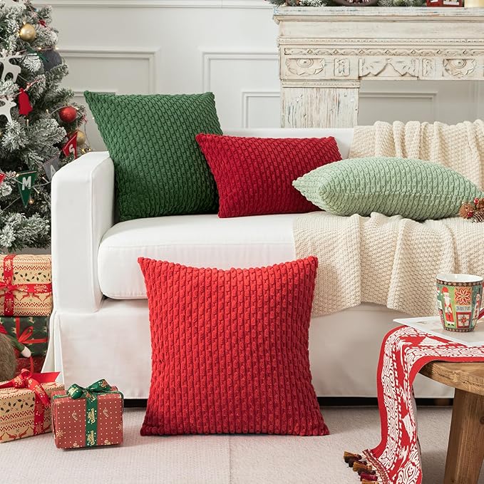 Kevin Textile 12x24 Inch Pillow Cover 1 Pack Boho Christmas Decorative Soft Striped Corduroy Lumbar Farmhouse Color Accent Rectangle Cushion Case for Living Room Couch Sofa Bed, Red