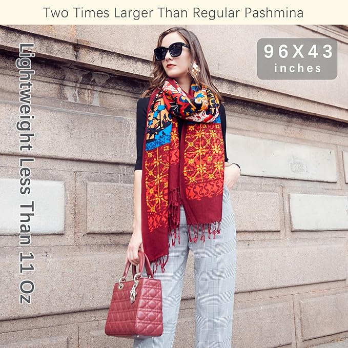 DANA XU 100% Merino Wool Pashmina Shawl for Women 96"x43", Oversized Cashmere Wrap with Tassels, Floral Travel Blanket Cape