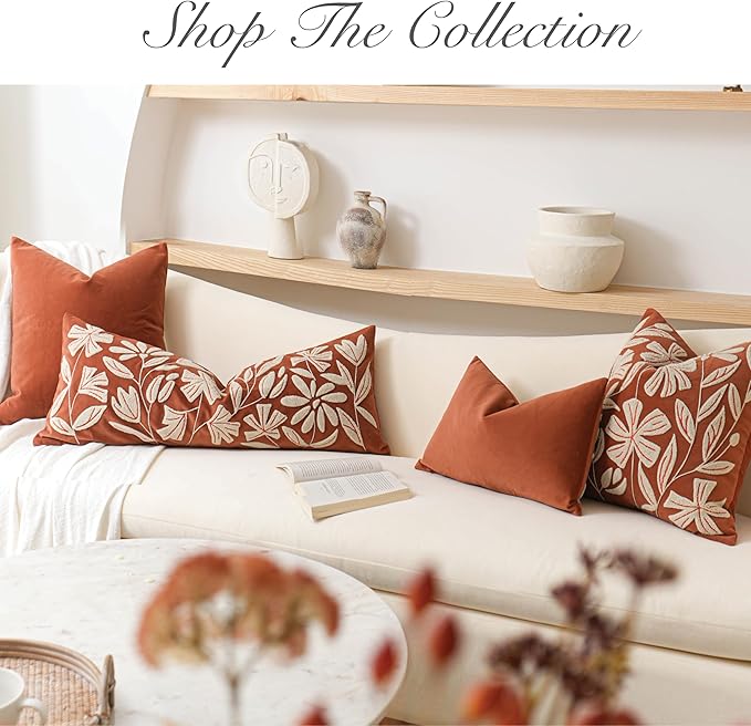 BlissBlush Fall Throw Pillow Cover 14x36 Long Lumbar Throw Pillow for Bed, Rust Brick Red Soft Velvet Accent Farmhouse Body Lumbar Throw Pillowcase for Bedroom Sofa Couch, Home Décor