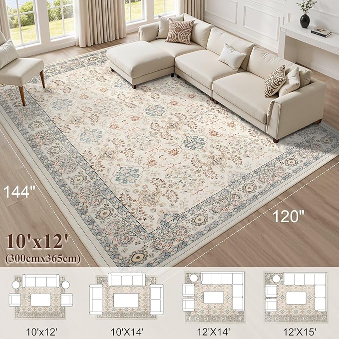Vintage Living Room Area Rug 10x12 - Large Soft Washable Oriental Traditional Distressed Farmhouse Rugs for Bedroom - Indoor Floor Accent Carpet for Home Office House Decor - Multi